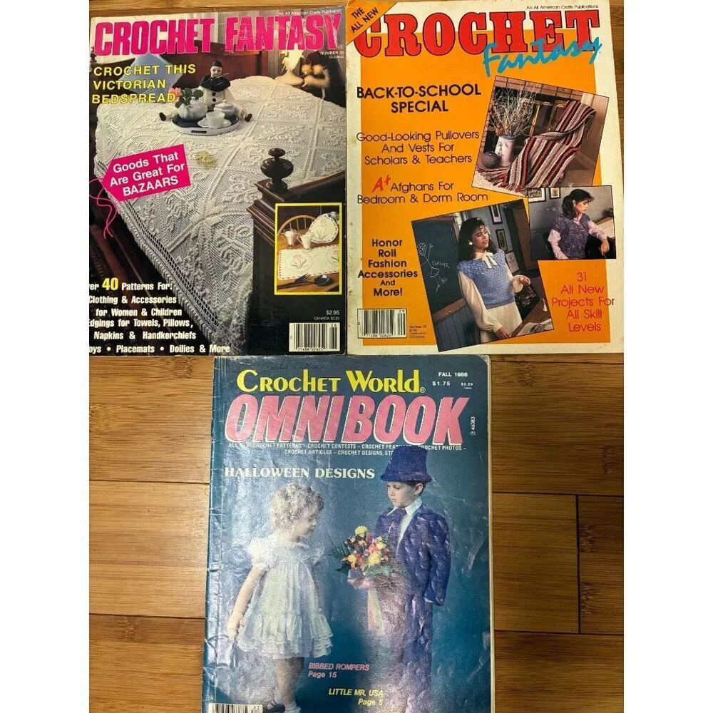VTG Crochet Fantasy World Omnibook Magazine Bundle 3 Issues 1986 Crafts DIY 80s